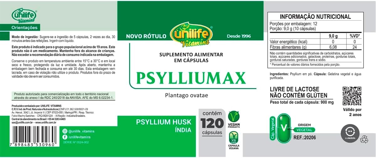Psyllium Unilife Psylliumax 120 cáspulas embalagem pode variar thumbnail 2
