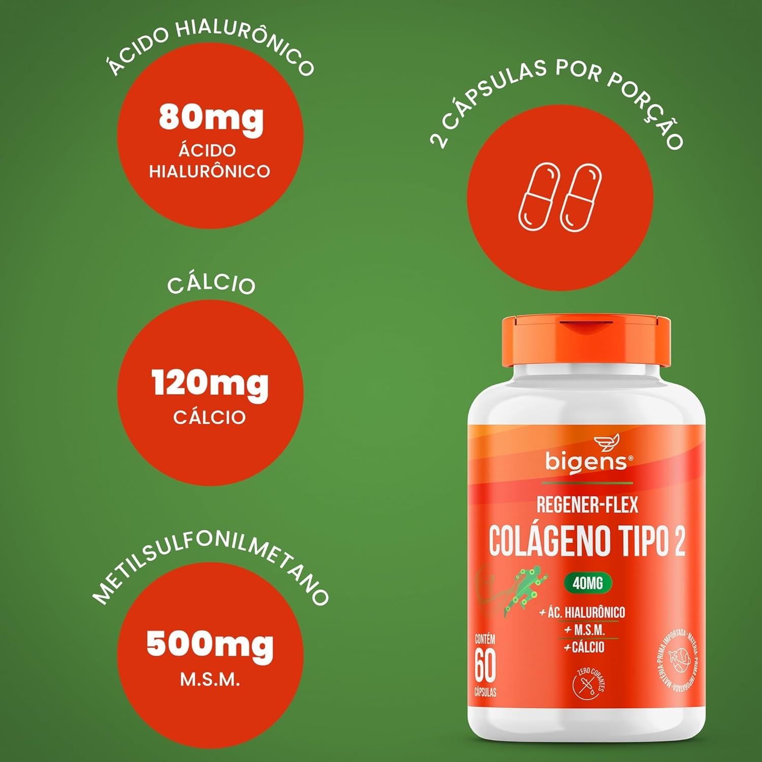 Regener Flex, Colágeno tipo 2 40mg, ácido hialurônico, M.S.M., Cálcio, 60 cápsulas, Biogens thumbnail 3