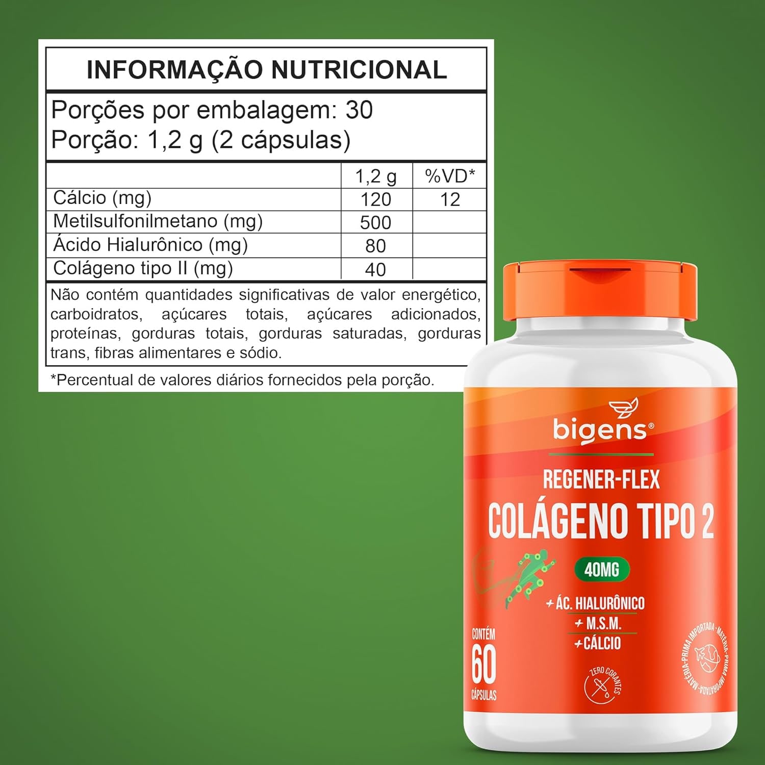 Regener Flex, Colágeno tipo 2 40mg, ácido hialurônico, M.S.M., Cálcio, 60 cápsulas, Biogens thumbnail 6