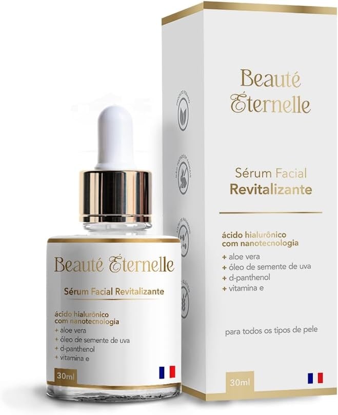 Sérum Facial Hidratante e Revitalizante Rejuvenescedor Beauté Éternelle 30 ml com Ácido Hialurônico (Aloe Vera, Óleo de Semente de Uva, D-panthenol, Vitamina E)