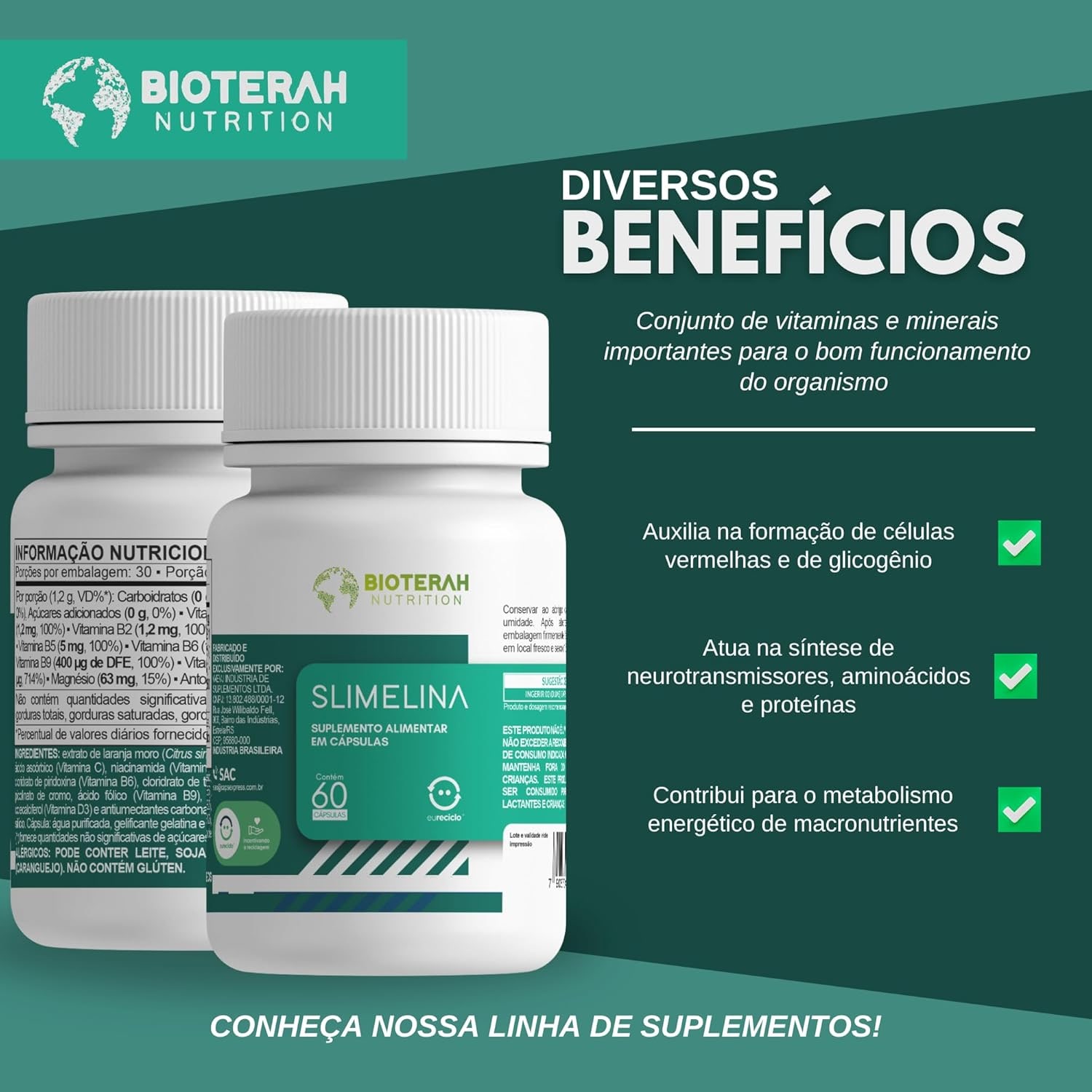 Slimelina 60 Cápsulas BIOTERAH Complexo Vitamina B Extrato de Laranja Moro Cafeína Magnesio e Vitaminas C e D3 thumbnail 4