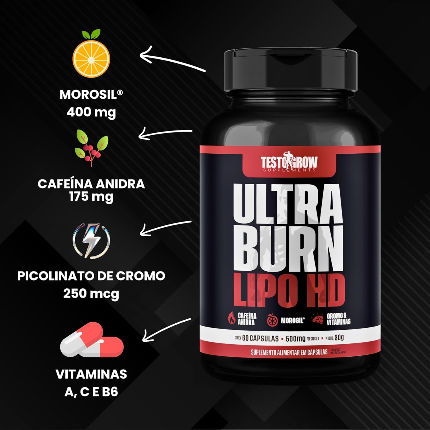 Termogênico Ultra Burn Lipo HD – Morosil® 400 mg + Cafeína, Cromo e Vitaminas para Auxílio na Queima de Gordura – 60 Cápsulas thumbnail 3