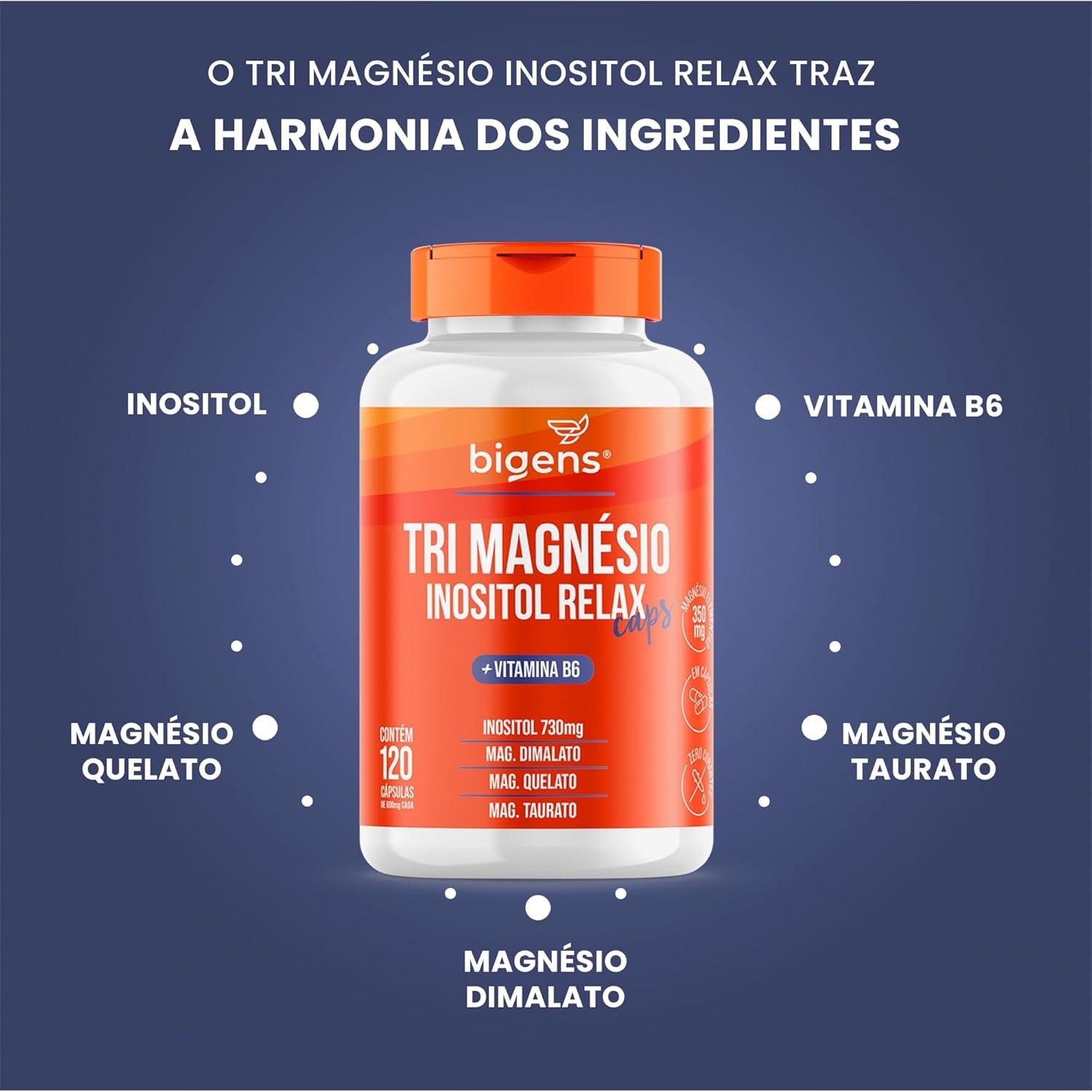 Tri Magnésio (dimalato, quelato e taurato) Inositol Relax CAPS, Vitamina B6, 120 Cápsulas, Biogens thumbnail 3