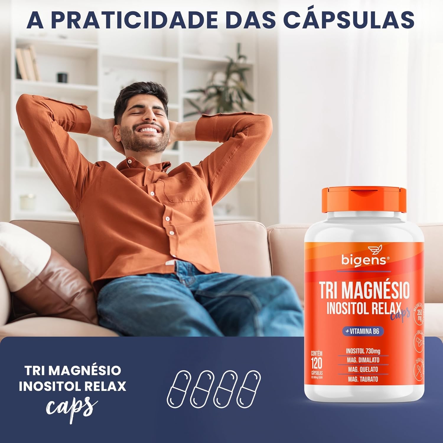 Tri Magnésio (dimalato, quelato e taurato) Inositol Relax CAPS, Vitamina B6, 120 Cápsulas, Biogens thumbnail 4