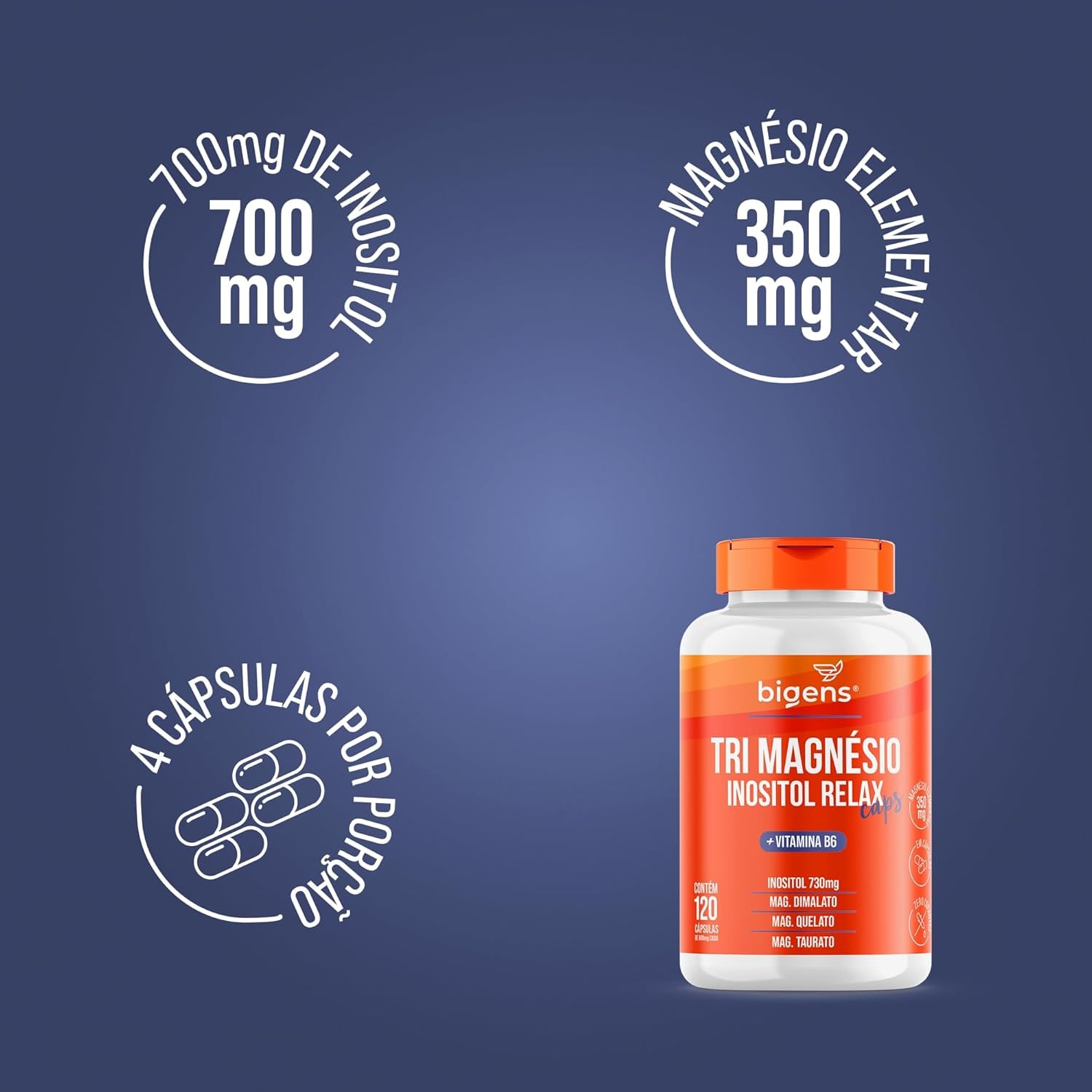 Tri Magnésio (dimalato, quelato e taurato) Inositol Relax CAPS, Vitamina B6, 120 Cápsulas, Biogens thumbnail 5