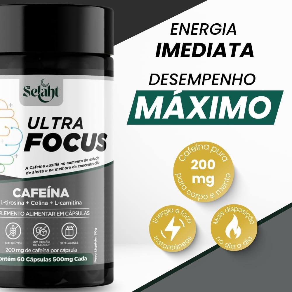 Ultra Focus Suplemento Alimentar com Cafeína 200 mg por Cápsula, Tirosina, Carnitina e Colina, Energia e Foco, 60 Cápsulas thumbnail 2
