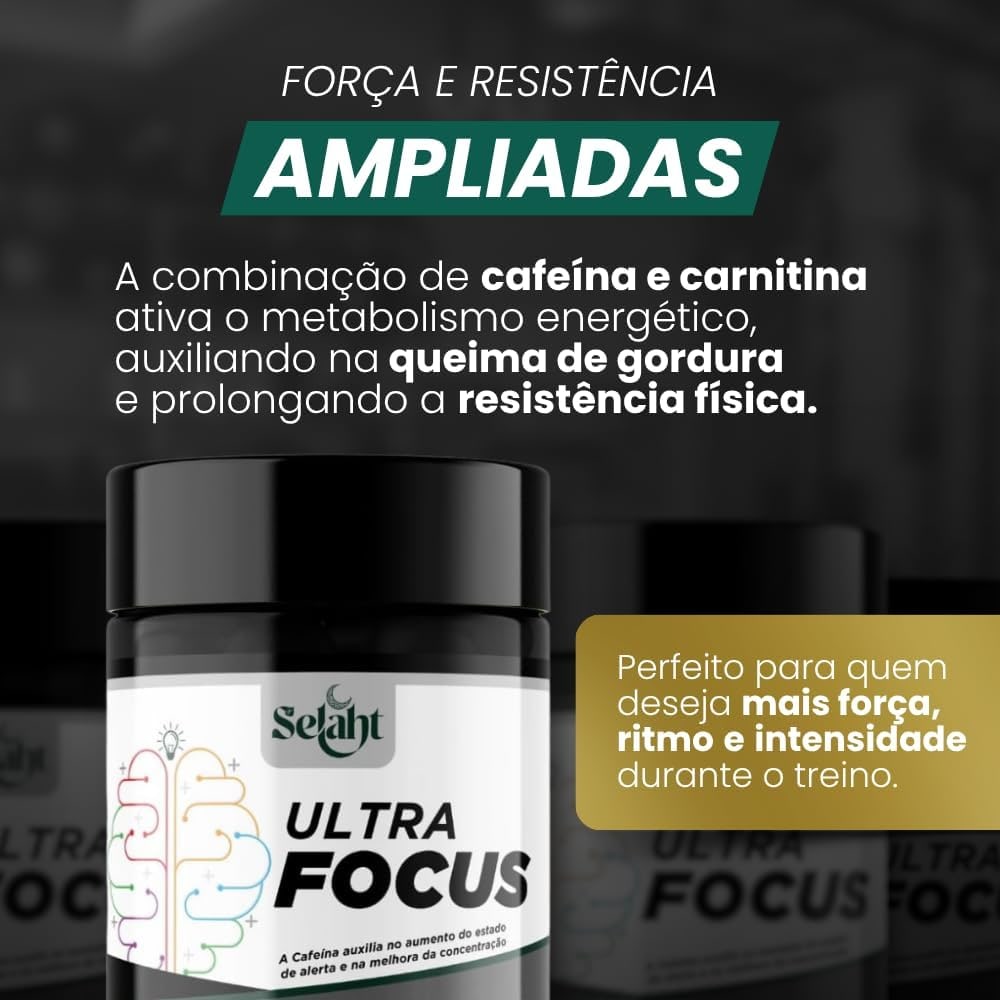 Ultra Focus Suplemento Alimentar com Cafeína 200 mg por Cápsula, Tirosina, Carnitina e Colina, Energia e Foco, 60 Cápsulas thumbnail 3