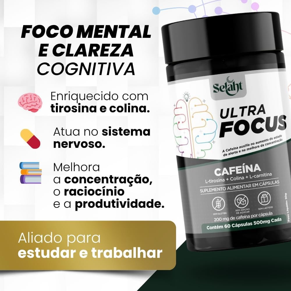 Ultra Focus Suplemento Alimentar com Cafeína 200 mg por Cápsula, Tirosina, Carnitina e Colina, Energia e Foco, 60 Cápsulas thumbnail 4