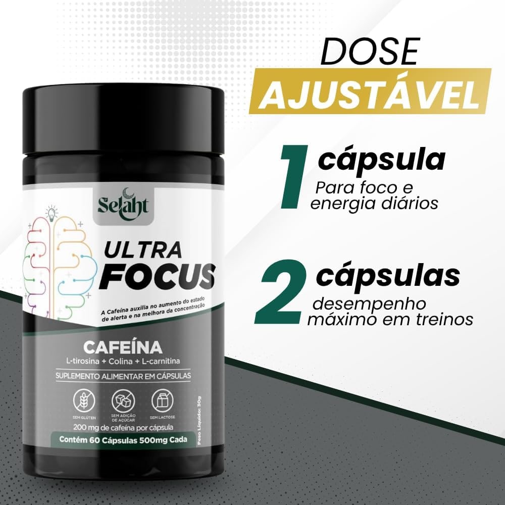 Ultra Focus Suplemento Alimentar com Cafeína 200 mg por Cápsula, Tirosina, Carnitina e Colina, Energia e Foco, 60 Cápsulas thumbnail 5