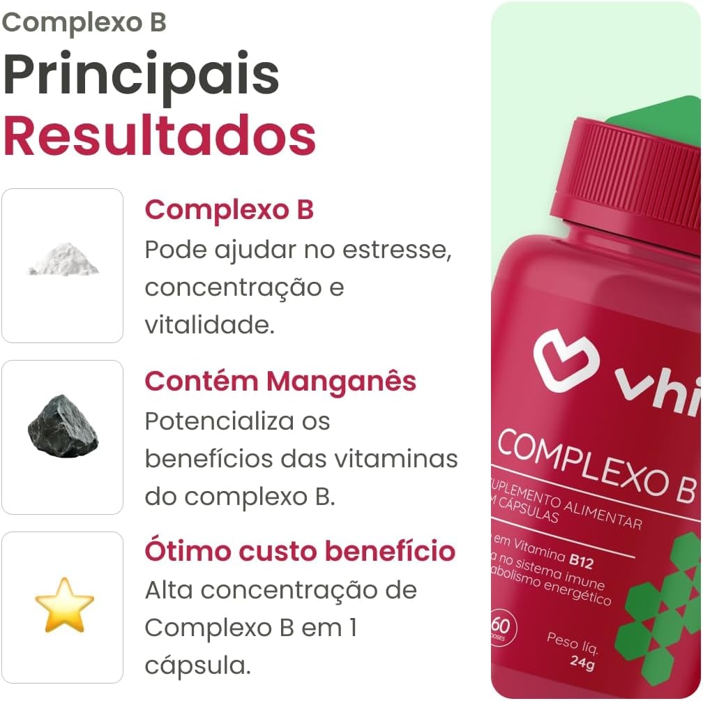 Vhita Complexo B, Suplemento Alimentar com Vitaminas B1, B2, B3, B5, B6, B7, B9 e B12, Rico em Vitamina B12, Manganês, 60 Cápsulas thumbnail 2