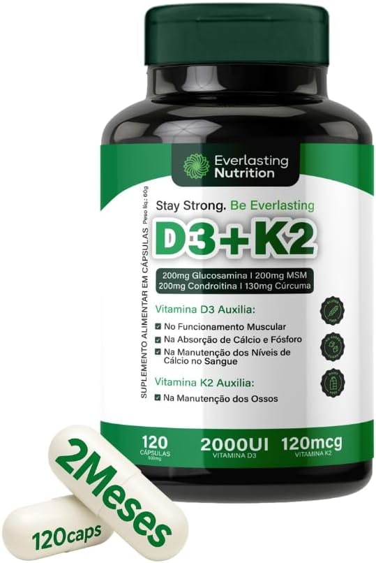 Vitamina D3+K2 Premium com Glucosamina Condroitina MSM Curcumina Colágeno II – 120 Cápsulas – Everlasting Nutrition