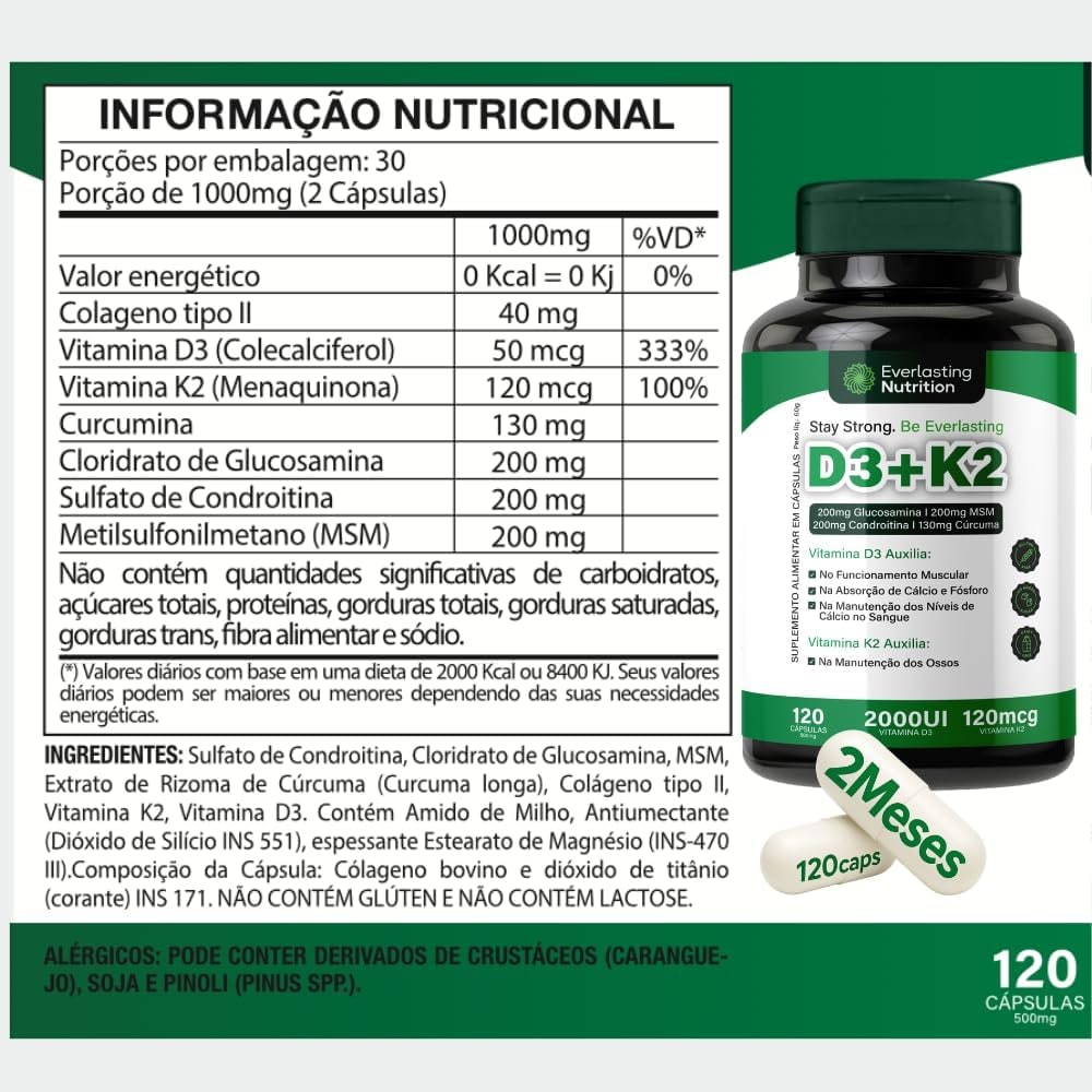 Vitamina D3+K2 Premium com Glucosamina Condroitina MSM Curcumina Colágeno II – 120 Cápsulas – Everlasting Nutrition thumbnail 2