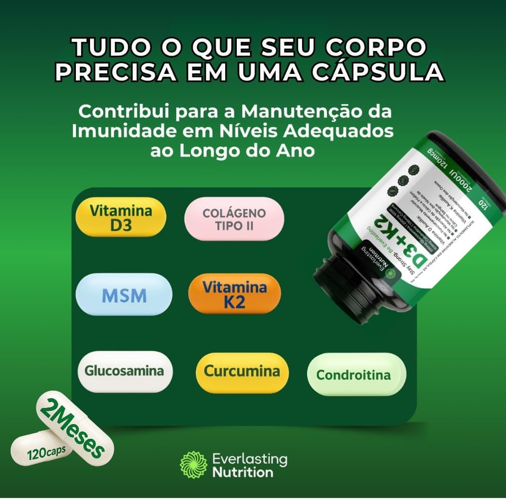 Vitamina D3+K2 Premium com Glucosamina Condroitina MSM Curcumina Colágeno II – 120 Cápsulas – Everlasting Nutrition thumbnail 3