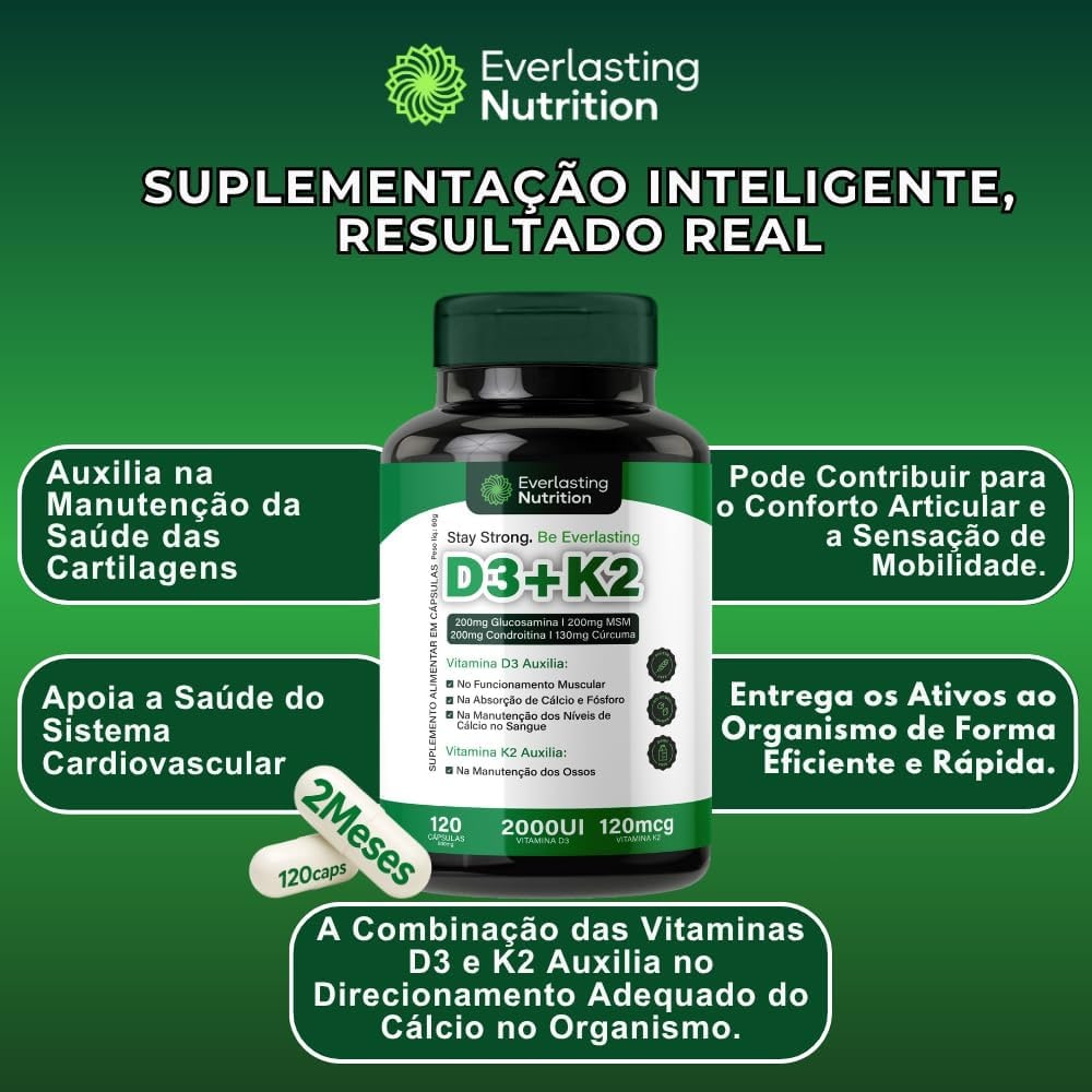 Vitamina D3+K2 Premium com Glucosamina Condroitina MSM Curcumina Colágeno II – 120 Cápsulas – Everlasting Nutrition thumbnail 4