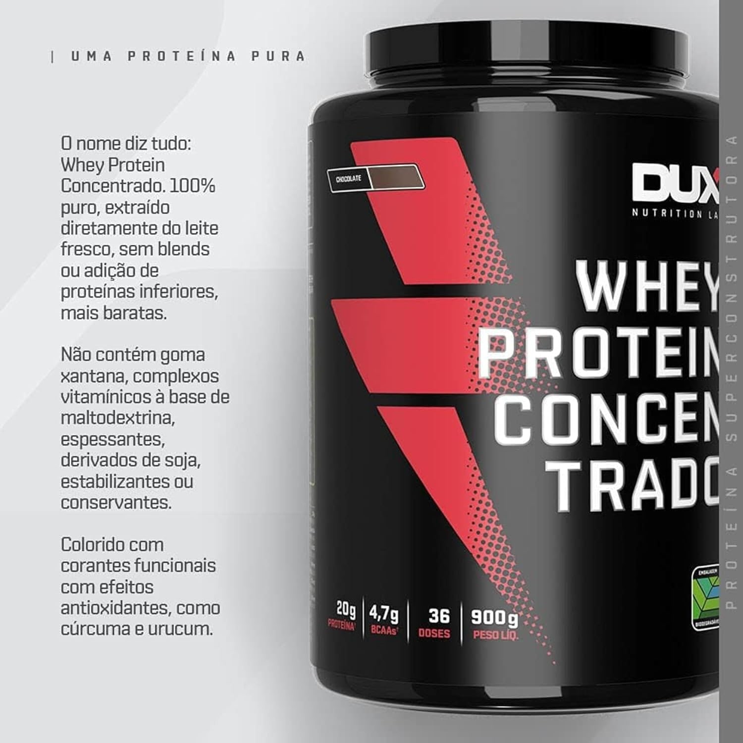 Whey Protein Concentrado Chocolate Branco Pote 900g – Contribui para o Ganho Muscular Hipertrofia – Dux Human Health thumbnail 2