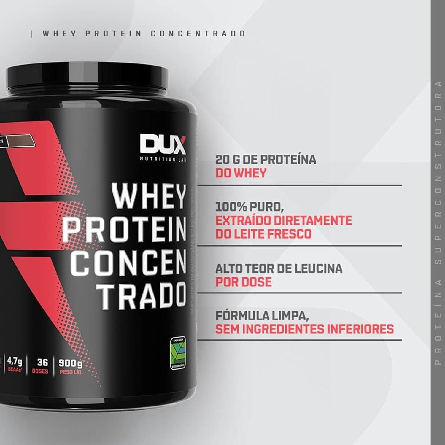 Whey Protein Concentrado Chocolate Branco Pote 900g – Contribui para o Ganho Muscular Hipertrofia – Dux Human Health thumbnail 3