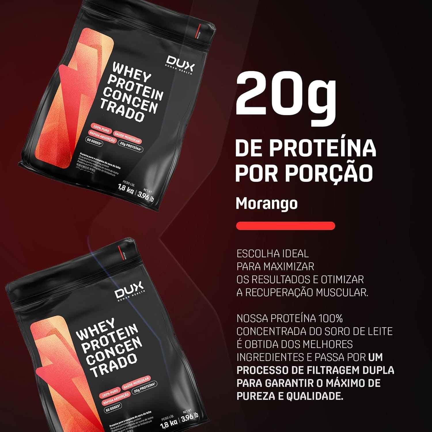 Whey Protein Concentrado Morango Refil 1.8kg – Contribui Para o Ganho Muscular Hipertrofia – Dux Human Health thumbnail 2